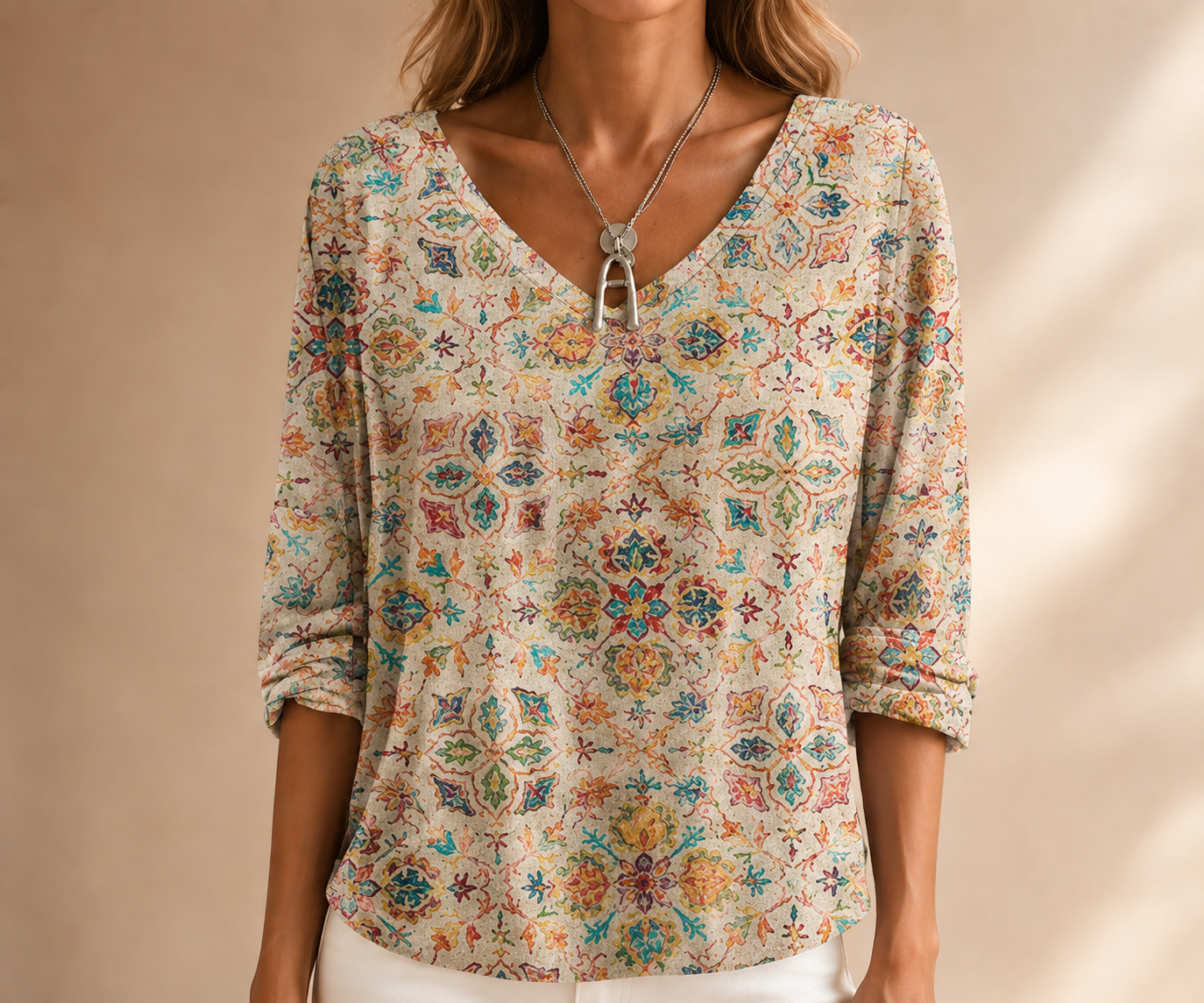 Vintage karierte Damenbluse mit V-Ausschnitt und Halbarm