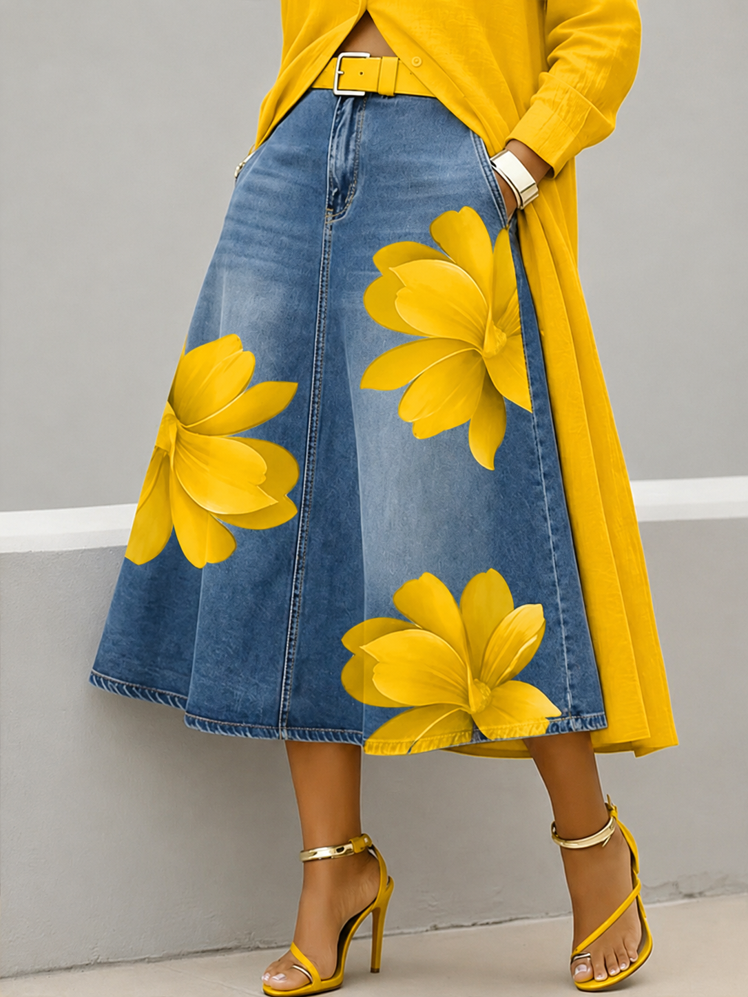 Damen-Stretch-Jeans mit künstlerischem Tintenprint und hoher Taille