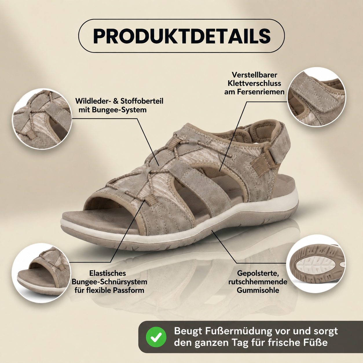 Détails du produit avec sangle de talon réglable et semelle rembourrée