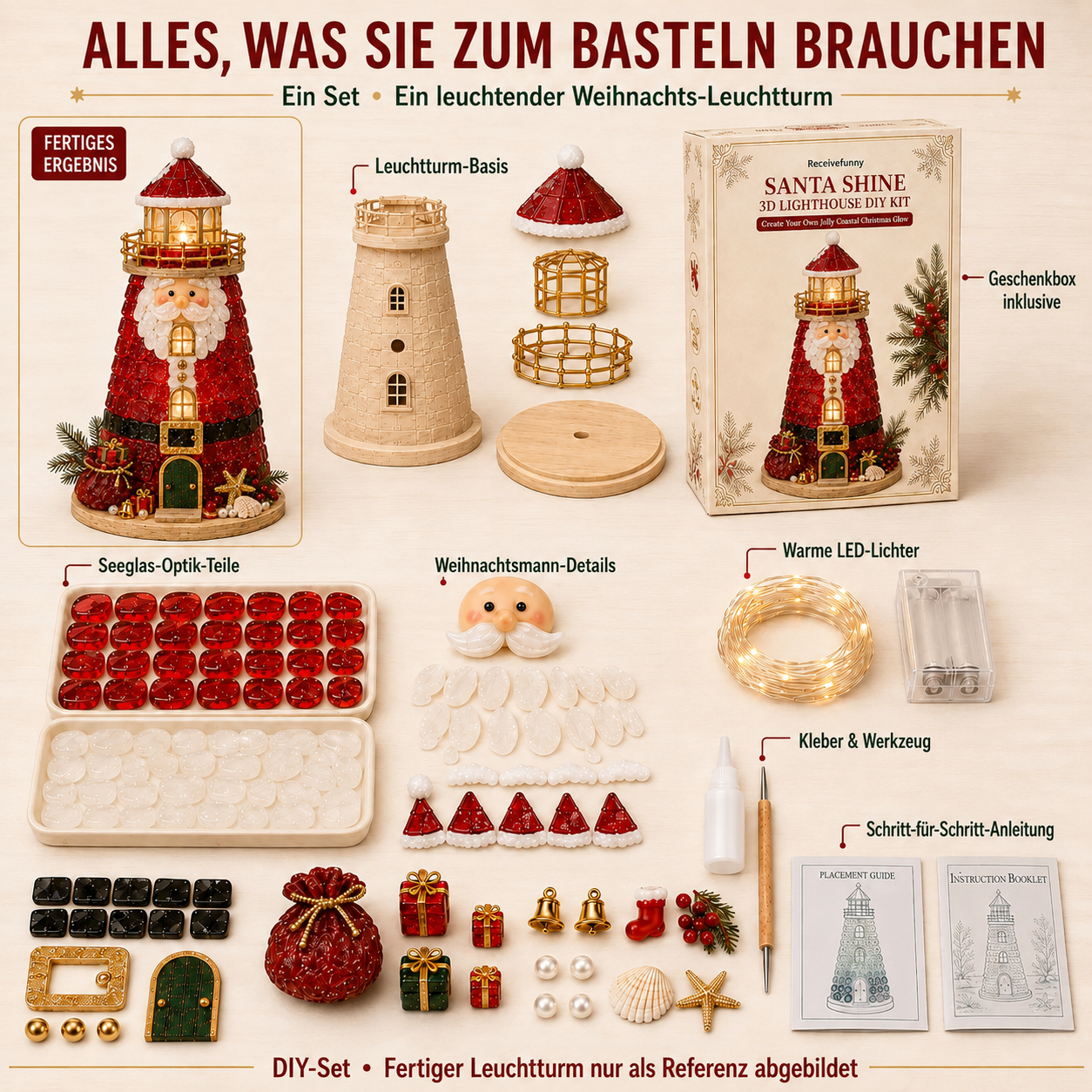 🎄 Anfängerfreundliches DIY-Leuchtturm-Bastelset mit beleuchteten Weihnachtsfiguren im Seeglas-Stil | Komplettset mit Seeglas-Elementen, LED-Lichtern & Schritt-für-Schritt-Anleitung 💕