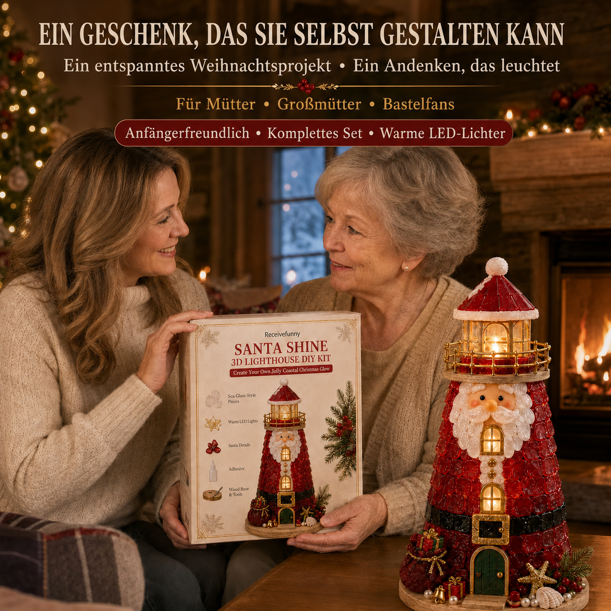 🎄 Anfängerfreundliches DIY-Leuchtturm-Bastelset mit beleuchteten Weihnachtsfiguren im Seeglas-Stil | Komplettset mit Seeglas-Elementen, LED-Lichtern & Schritt-für-Schritt-Anleitung 💕