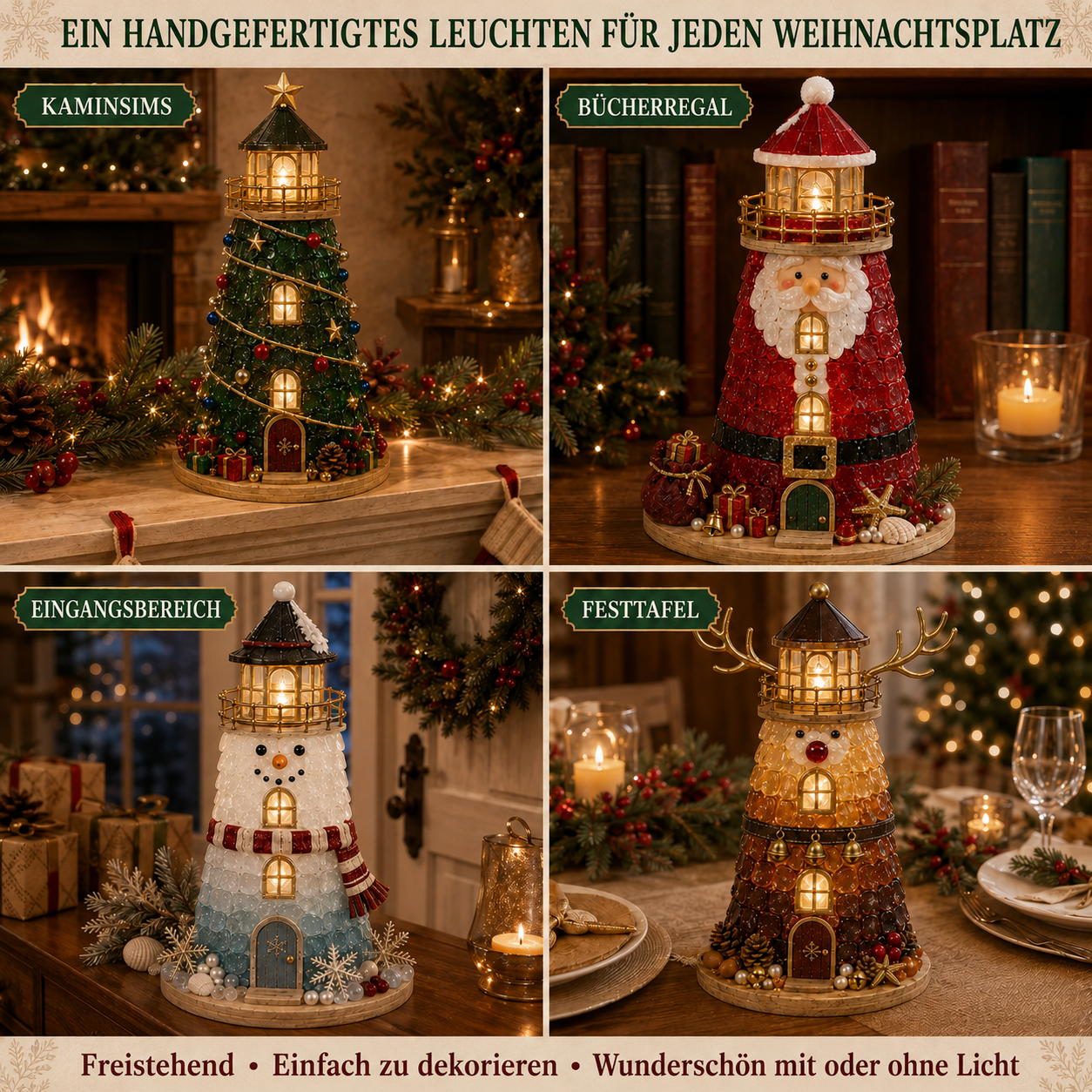 🎄 Anfängerfreundliches DIY-Leuchtturm-Bastelset mit beleuchteten Weihnachtsfiguren im Seeglas-Stil | Komplettset mit Seeglas-Elementen, LED-Lichtern & Schritt-für-Schritt-Anleitung 💕