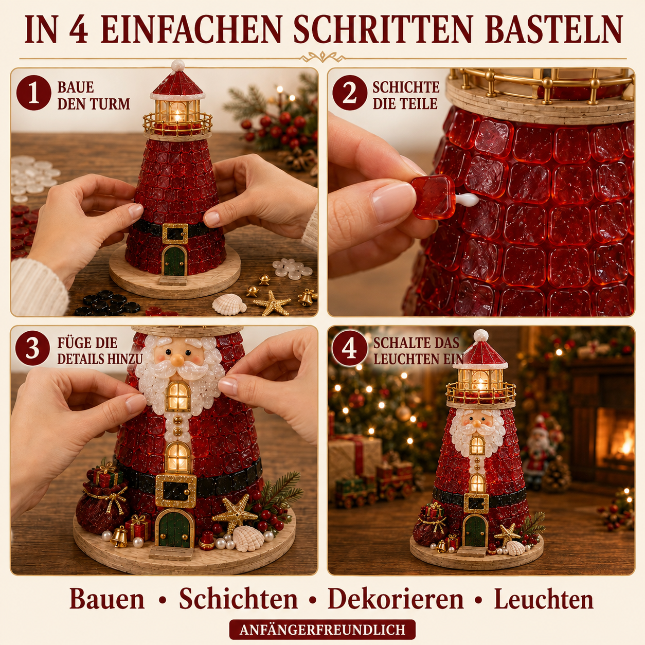 🎄 Anfängerfreundliches DIY-Leuchtturm-Bastelset mit beleuchteten Weihnachtsfiguren im Seeglas-Stil | Komplettset mit Seeglas-Elementen, LED-Lichtern & Schritt-für-Schritt-Anleitung 💕
