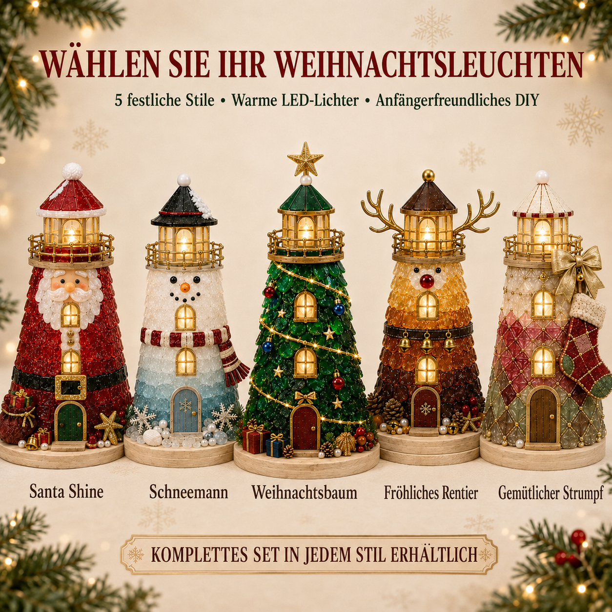 🎄 Anfängerfreundliches DIY-Leuchtturm-Bastelset mit beleuchteten Weihnachtsfiguren im Seeglas-Stil | Komplettset mit Seeglas-Elementen, LED-Lichtern & Schritt-für-Schritt-Anleitung 💕