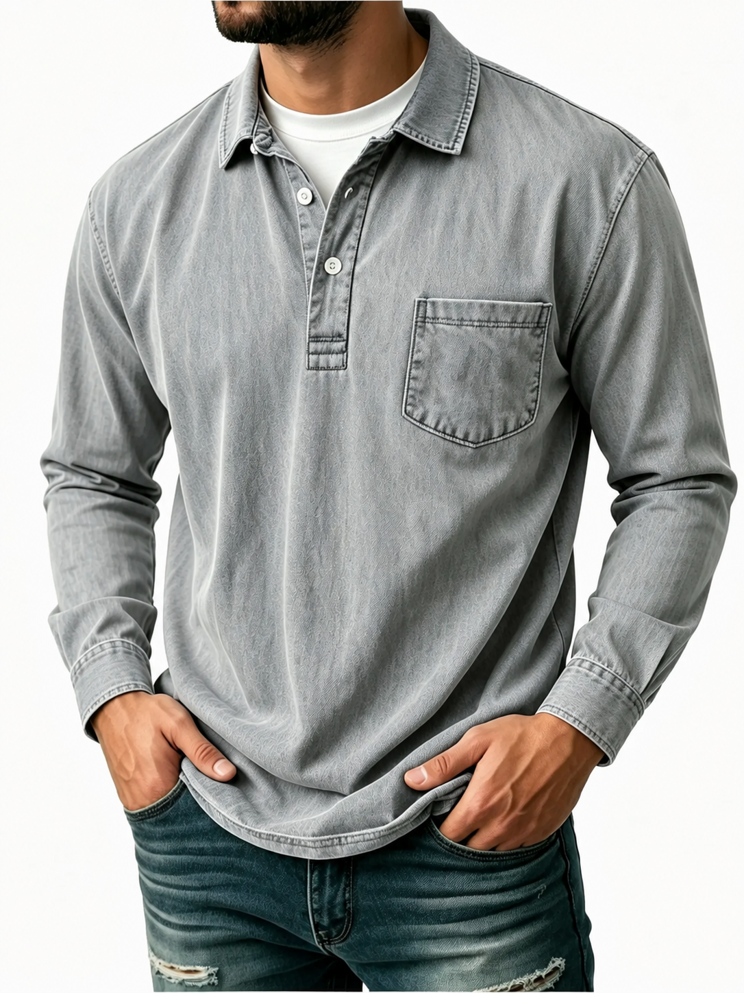 Herren-Freizeit-Poloshirt aus gewaschener Baumwoll-Leinen-Mischung