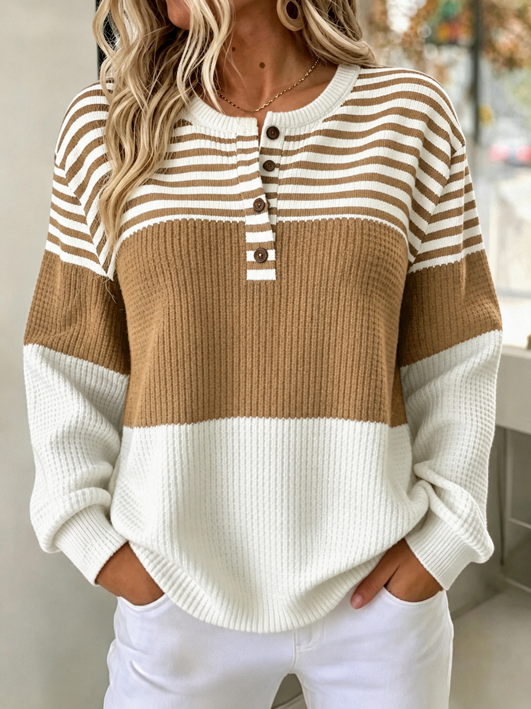 [Copy]🛒 RÄUMUNGSVERKAUF 🔥 Damen-Sweatshirt mit farbenfrohen Streifen und Half-Zip