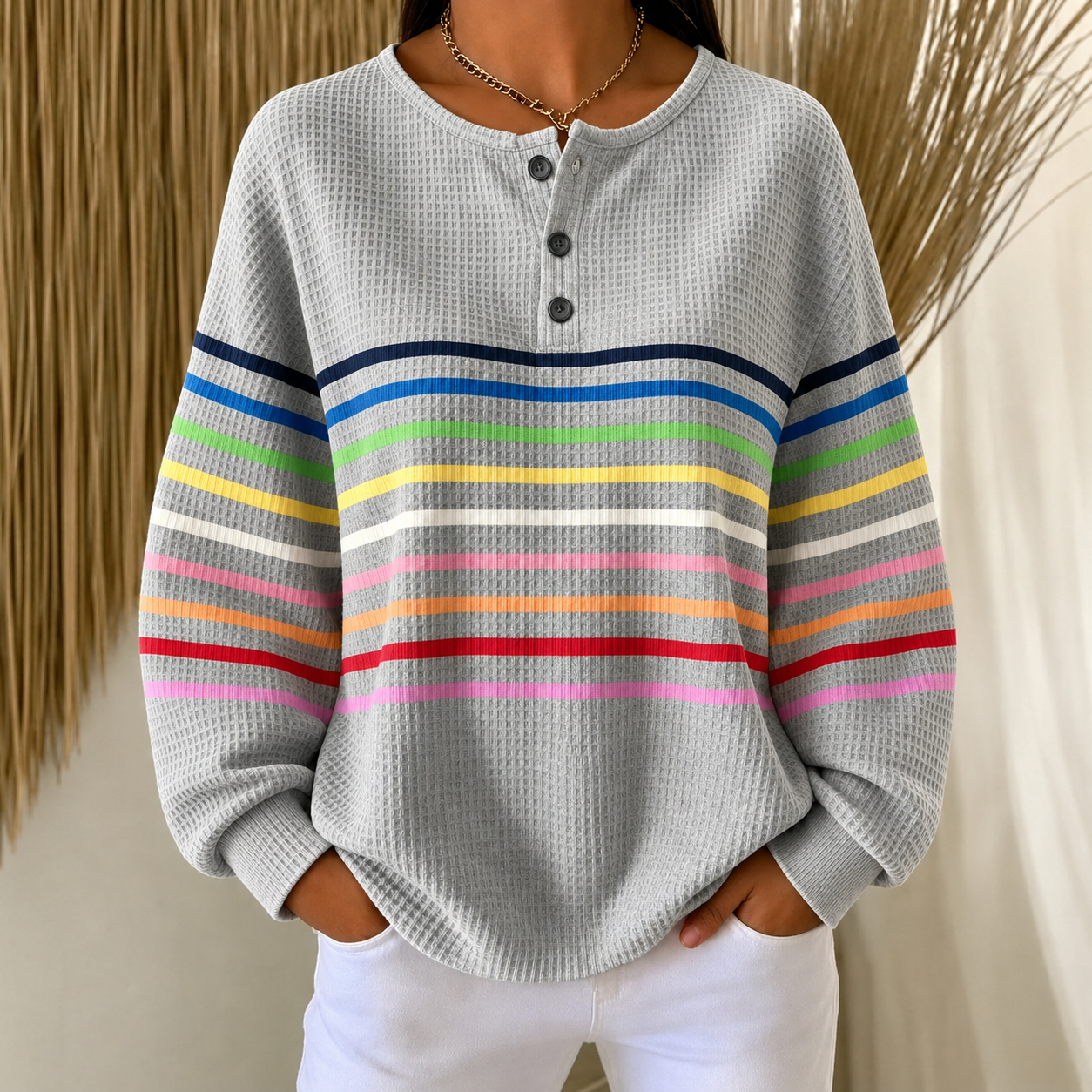 🛒 RÄUMUNGSVERKAUF 🔥Gestreiftes Damen Sweatshirt mit elegantem Knopfdetail