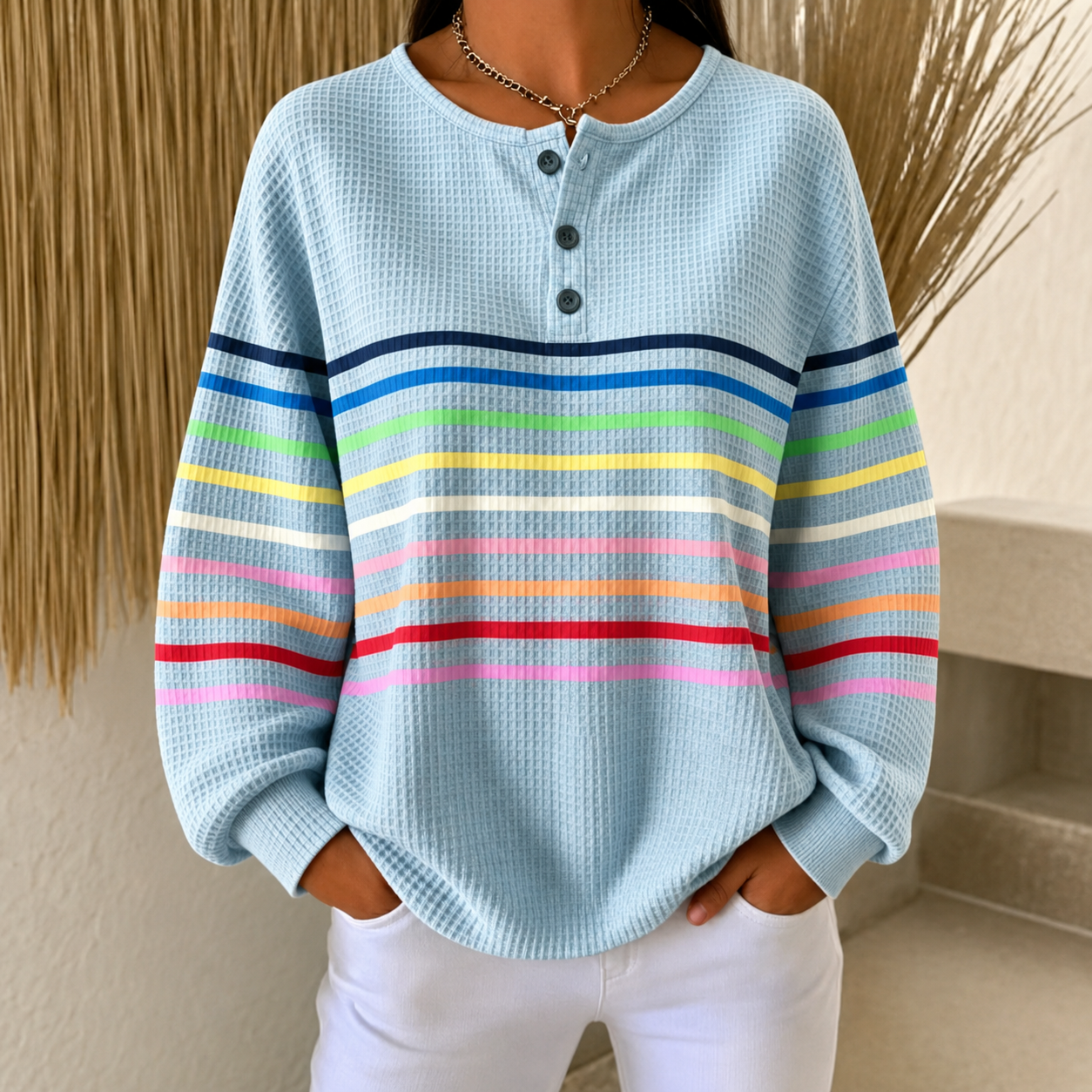 🛒 RÄUMUNGSVERKAUF 🔥Gestreiftes Damen Sweatshirt mit elegantem Knopfdetail