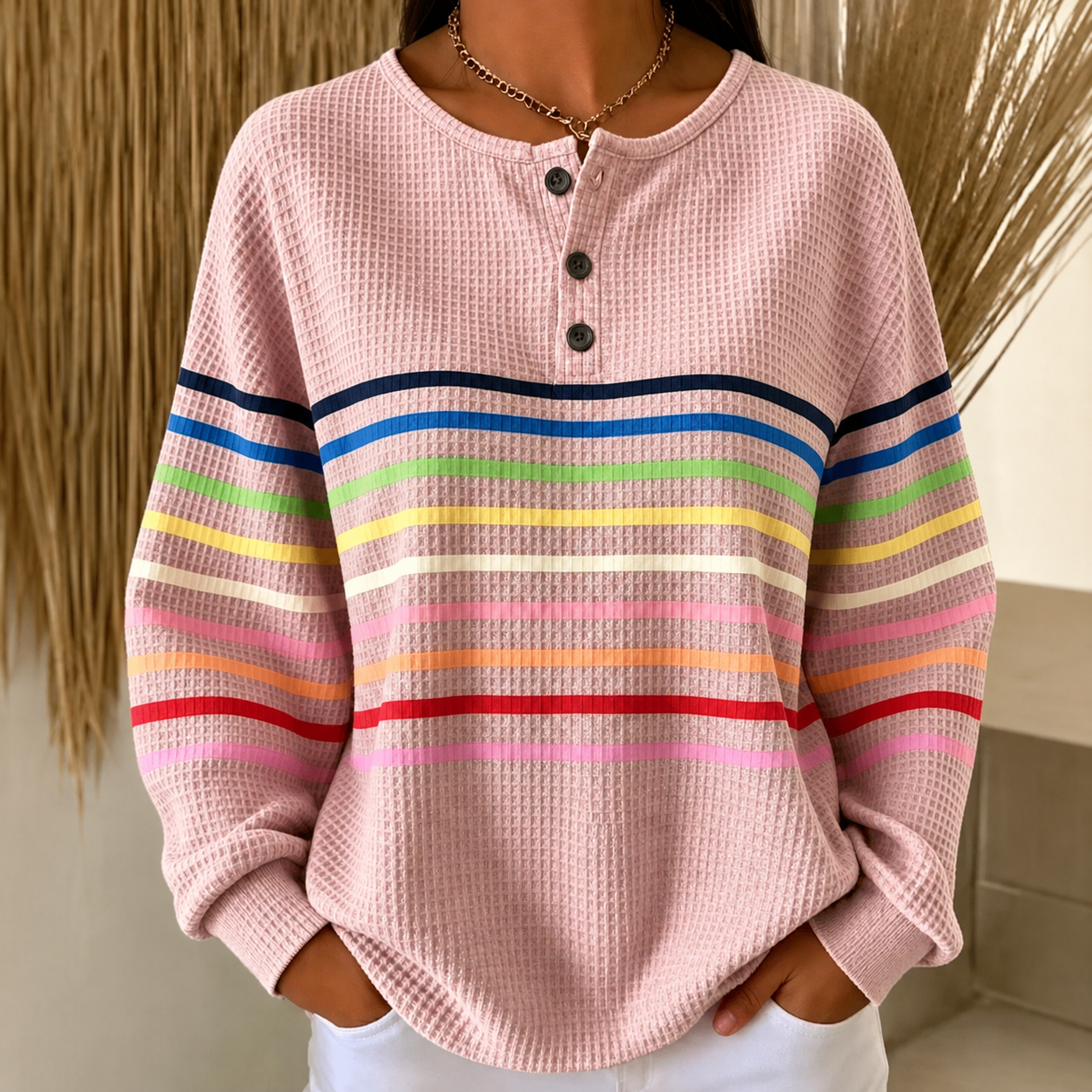 🛒 RÄUMUNGSVERKAUF 🔥Gestreiftes Damen Sweatshirt mit elegantem Knopfdetail