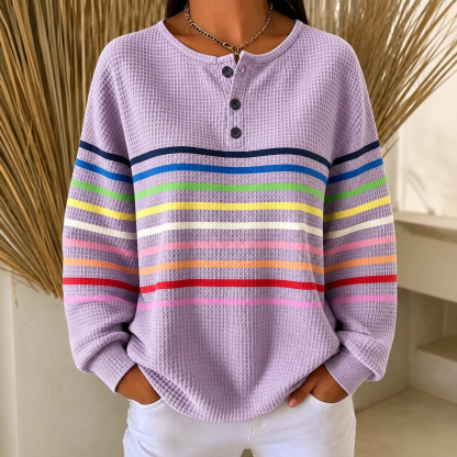 🛒 RÄUMUNGSVERKAUF 🔥Gestreiftes Damen Sweatshirt mit elegantem Knopfdetail