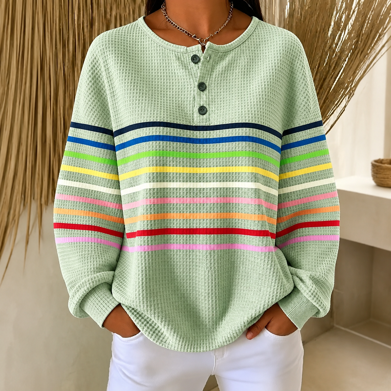 🛒 RÄUMUNGSVERKAUF 🔥Gestreiftes Damen Sweatshirt mit elegantem Knopfdetail