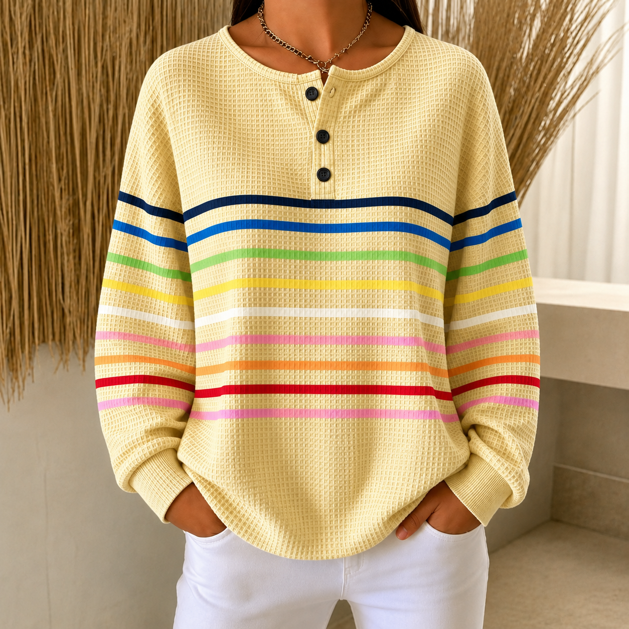 🛒 RÄUMUNGSVERKAUF 🔥Gestreiftes Damen Sweatshirt mit elegantem Knopfdetail