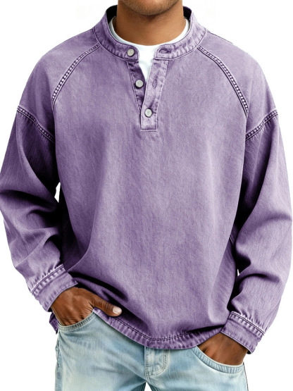 Heute 50 % Rabatt! – Herren-Retro-Langarmshirt mit Used-Look, Stehkragen und Knopfdetails