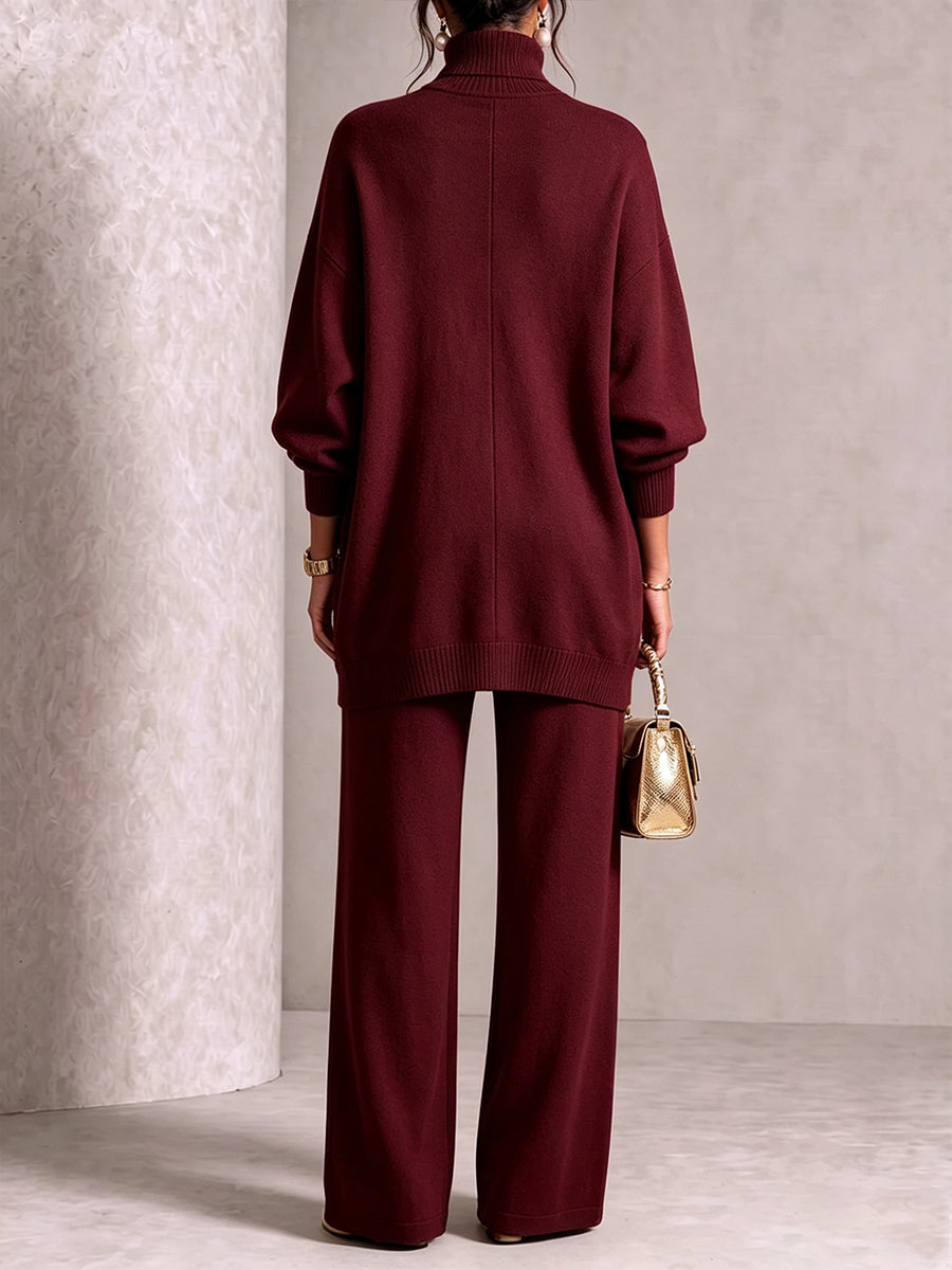 Elegantes burgunderrotes Strick-Set mit asymmetrischer Knopfleiste