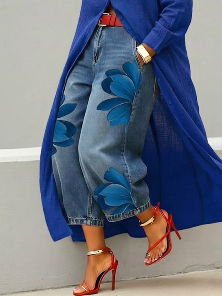 Damen-Stretch-Jeans mit künstlerischem Tintenprint und hoher Taille