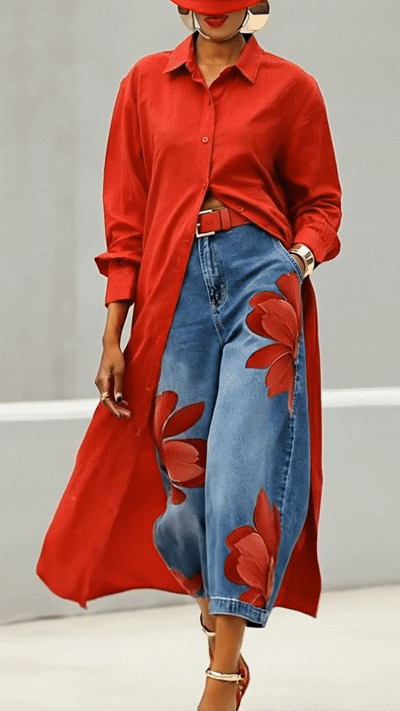 Damen-Stretch-Jeans mit künstlerischem Tintenprint und hoher Taille