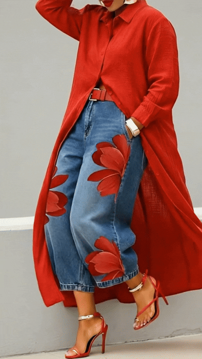 Damen-Stretch-Jeans mit künstlerischem Tintenprint und hoher Taille