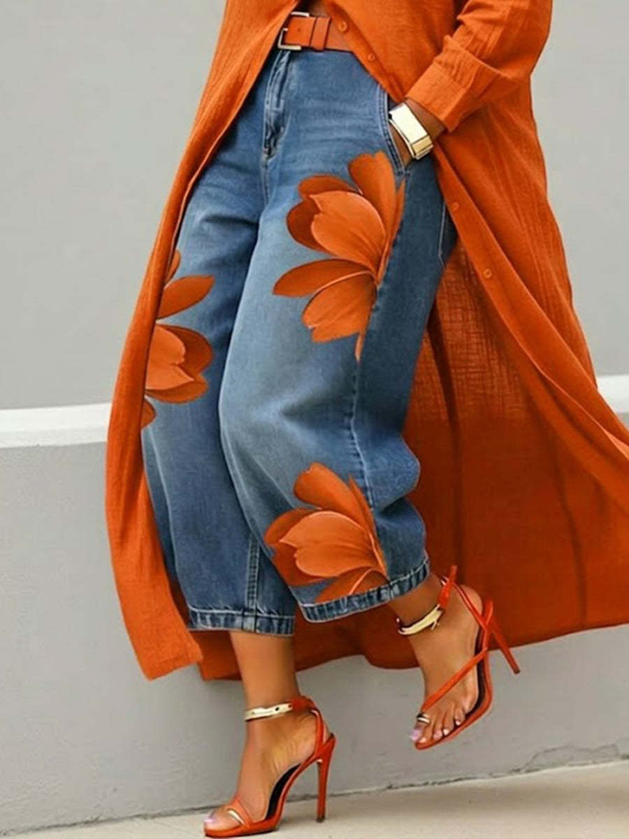 Damen-Stretch-Jeans mit künstlerischem Tintenprint und hoher Taille