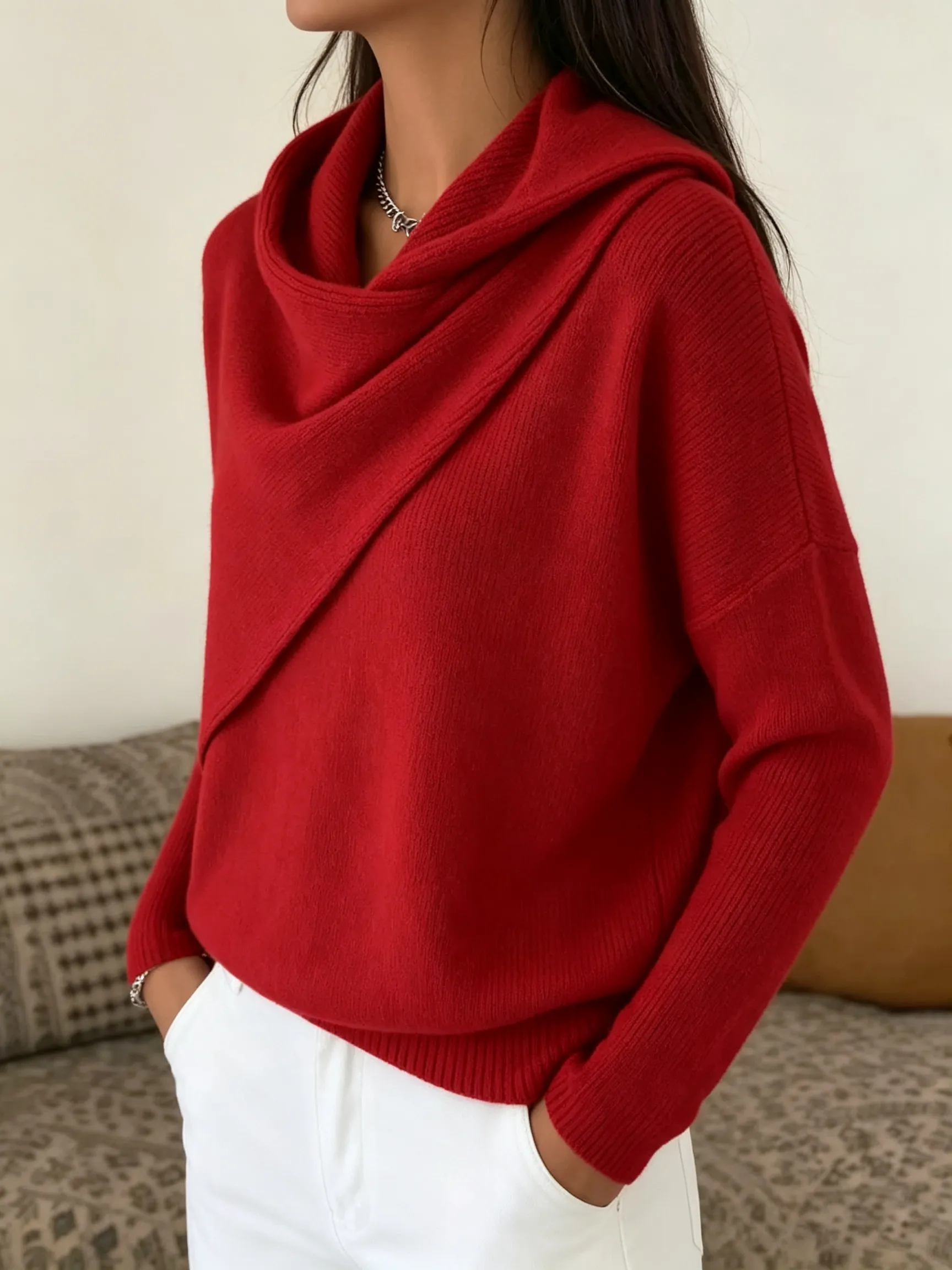 Women Cross Wrap Draped Cowl Neck Knit Pullover, Loose Long Sleeve Sweater