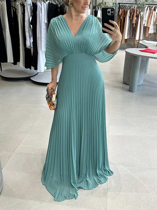 NEW🔥 V Neck Chiffon Back Tie Zipper Bat Sleeve Dress- Tax Free