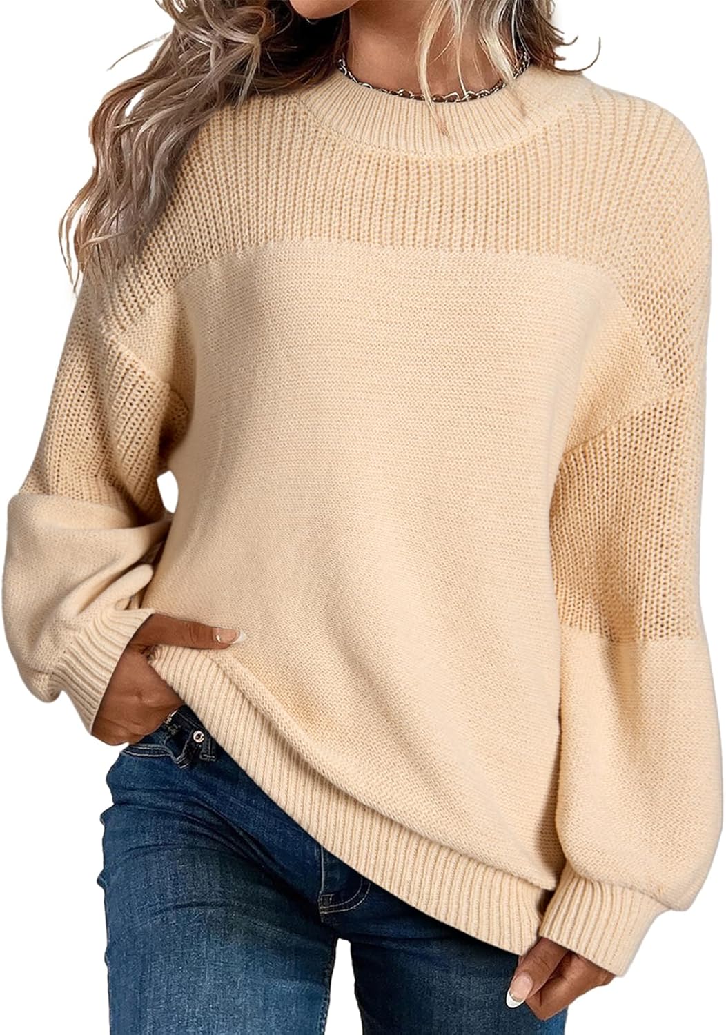 Women's Casual Long Sleeve Loose Round Neck Knit Solid Colour Pullover Sweater