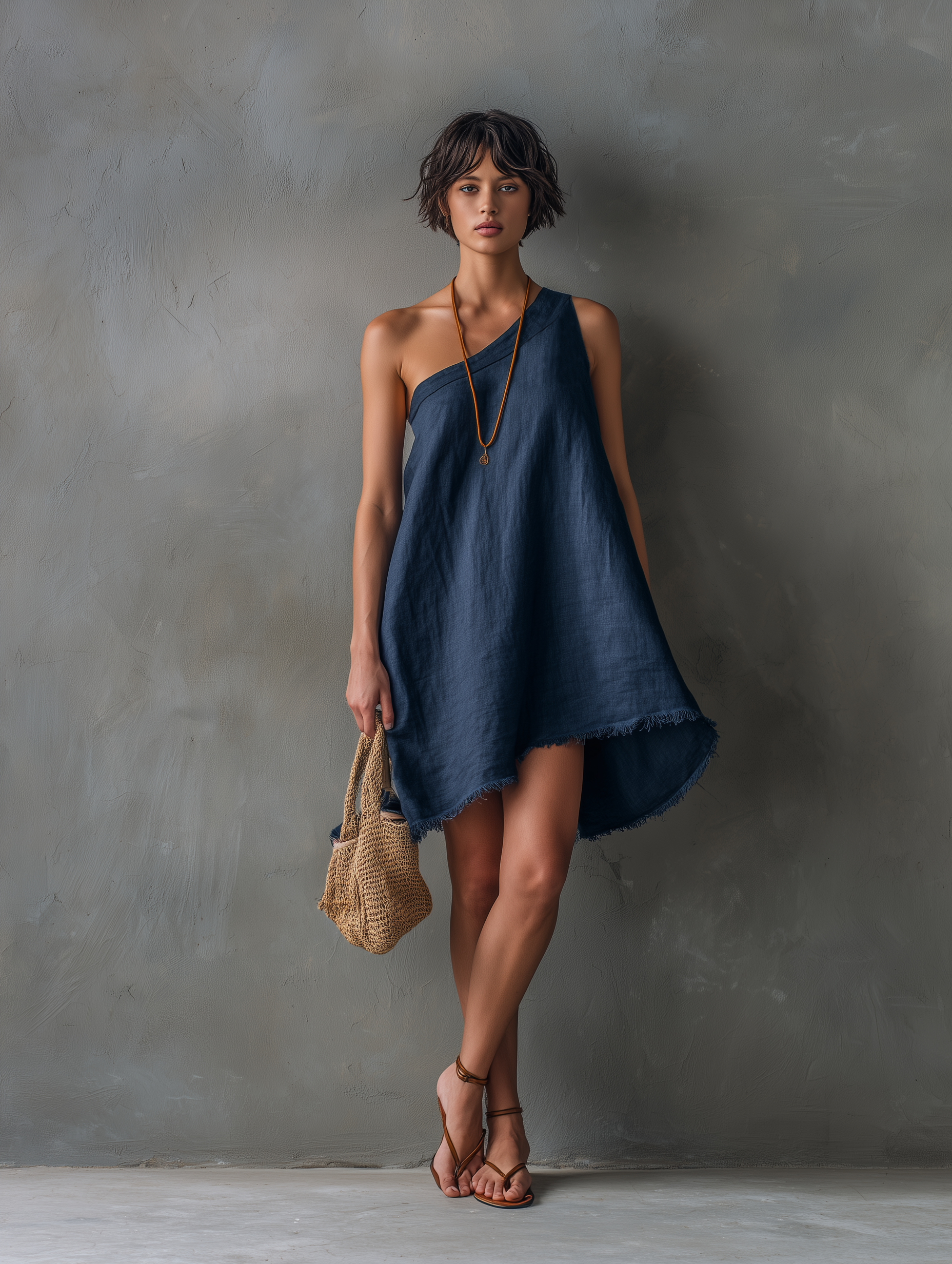 Women's Minimalist Linen-Blend One-Shoulder Sleeveless Mini Dress With Frayed Hem