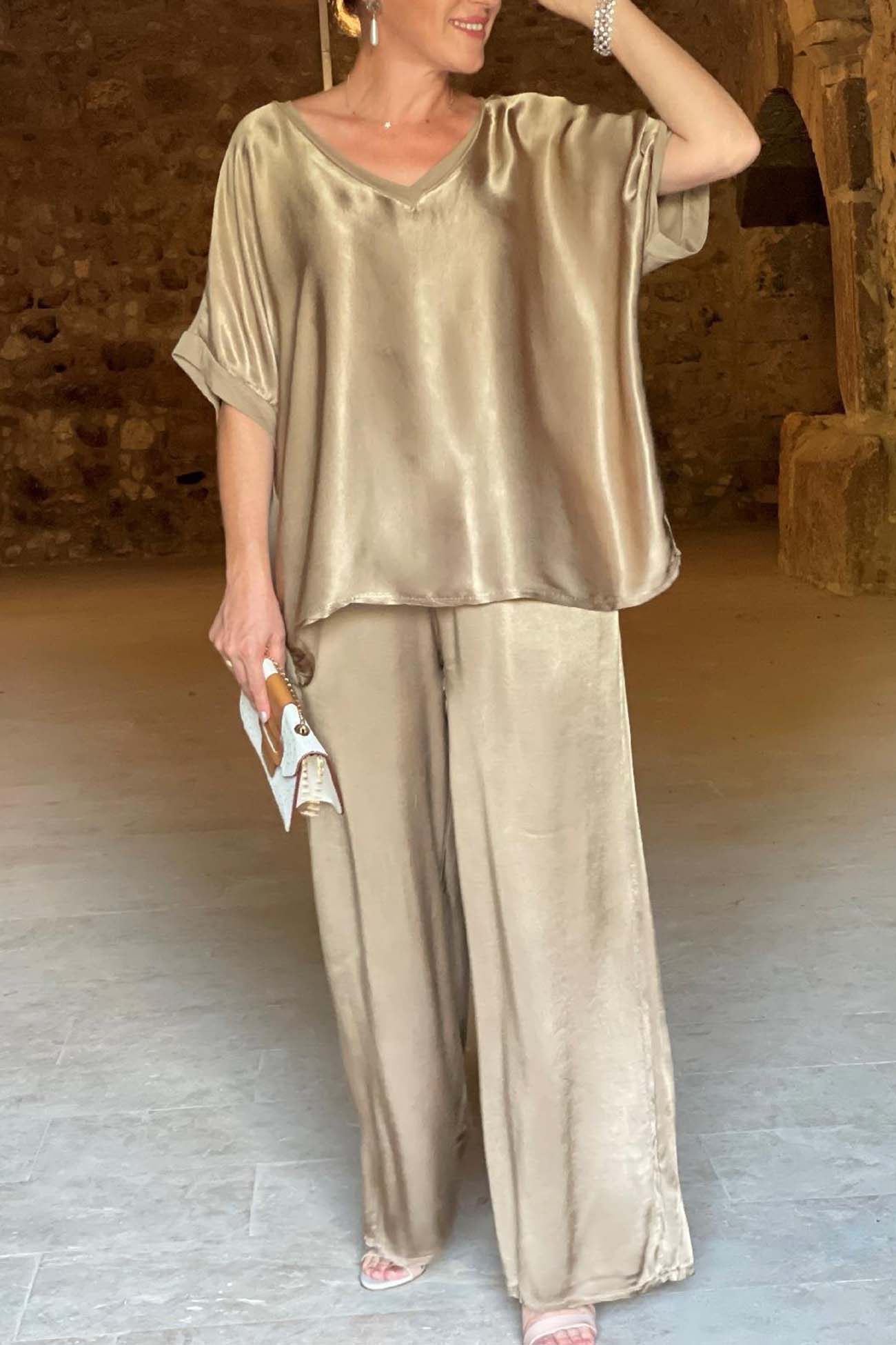 Women's V-Neck Tops Long Pants Set Casual Loose Outfit Summer Homewear Suit
