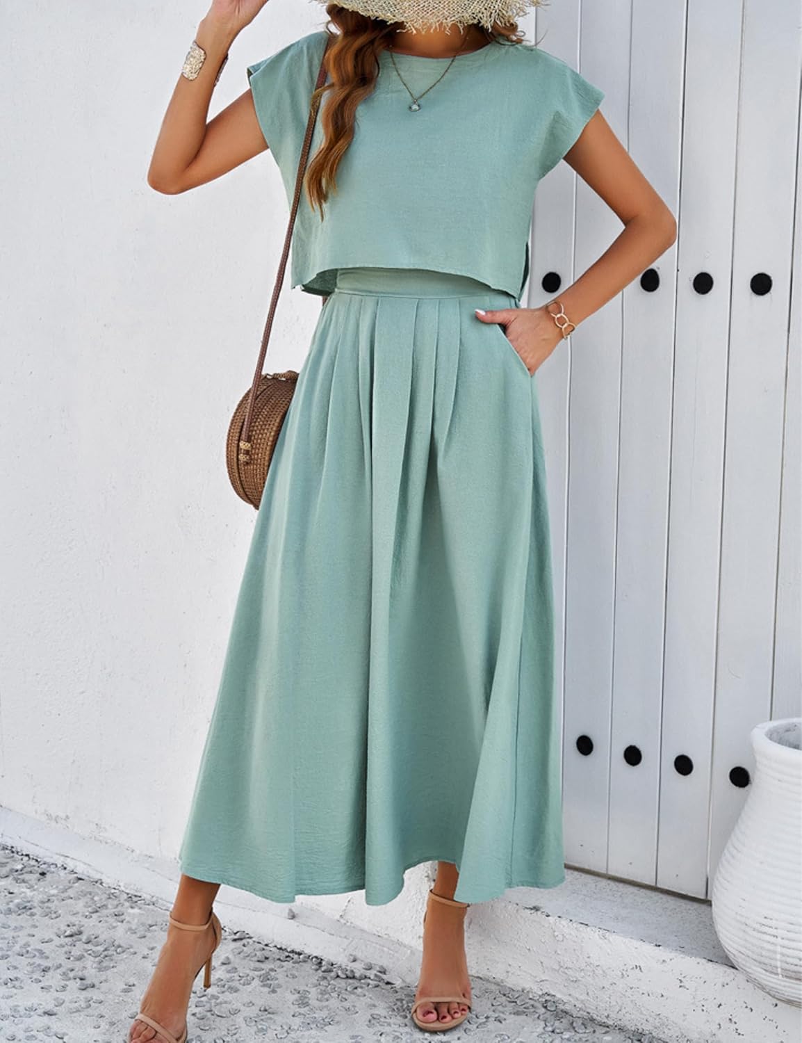 2025 Summer Skirt Sets Women 2 Piece Outfits Cap Sleeve Top Elastic Waist Maxi Dress Sets with Pockets