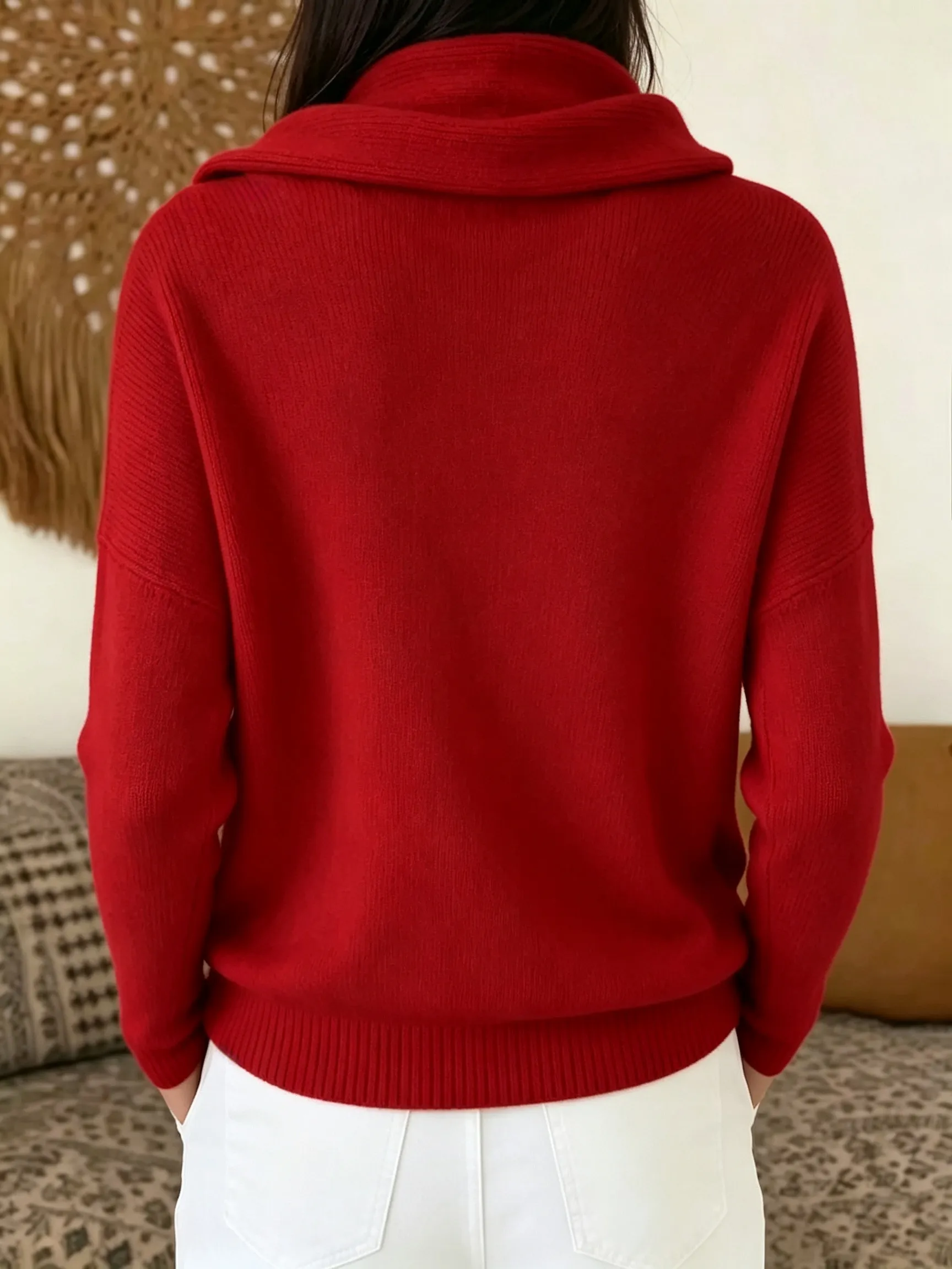 Women Cross Wrap Draped Cowl Neck Knit Pullover, Loose Long Sleeve Sweater