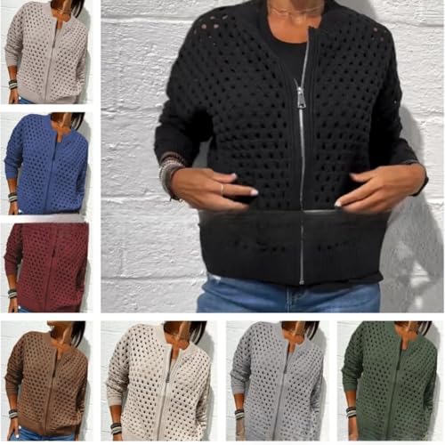Women’s Casual Hollow Knitwear Zipper Jacket, Crochet Fishnet Knit Shrugs Sweater Jacket Lightweight Cardigans Sweater