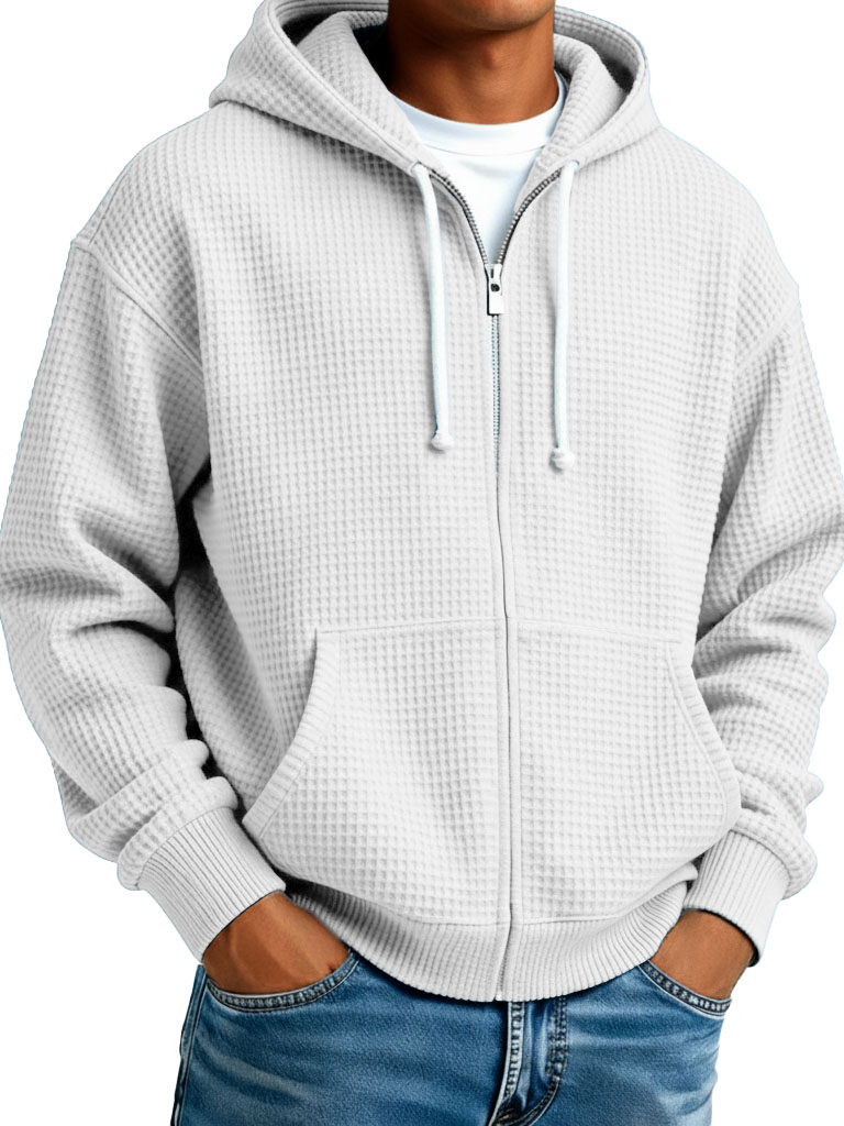 Men's Fashion Casual Waffle Weave Fabric Zipper Hooded Pocket Oversized Jacket