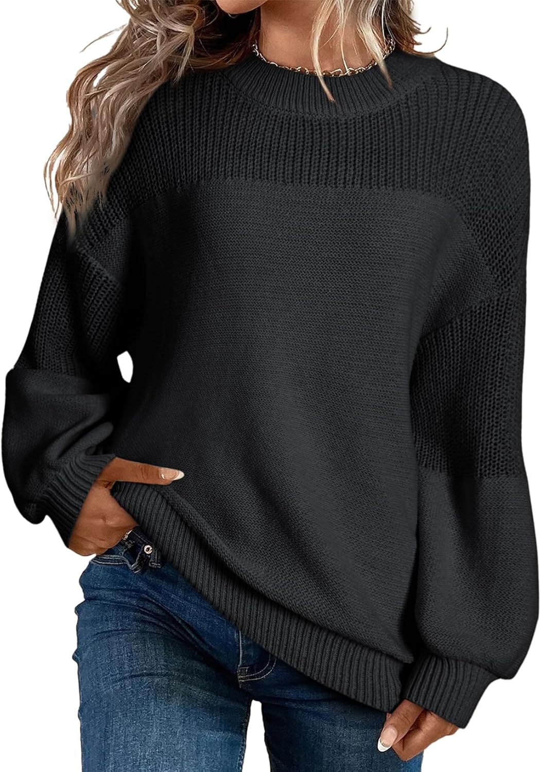 Women's Casual Long Sleeve Loose Round Neck Knit Solid Colour Pullover Sweater