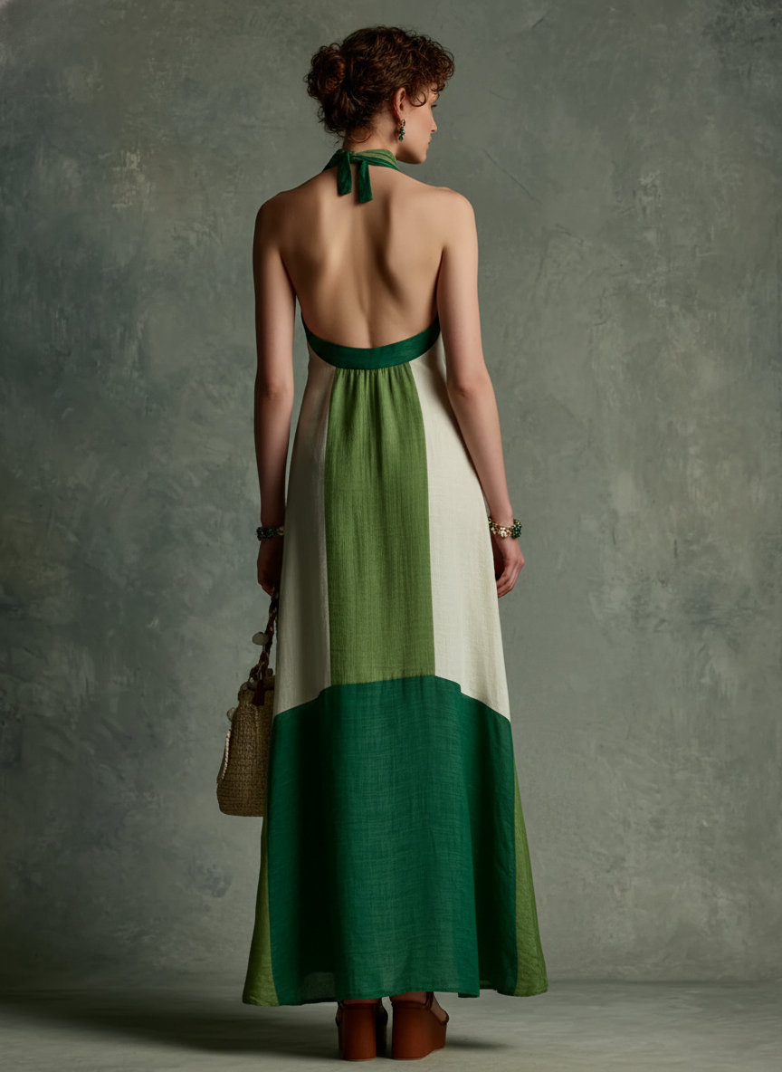 Women's Vacation Style Green And White Color-Block Linen-Cotton Halter V-Neck Waist-Tailored Maxi Dress