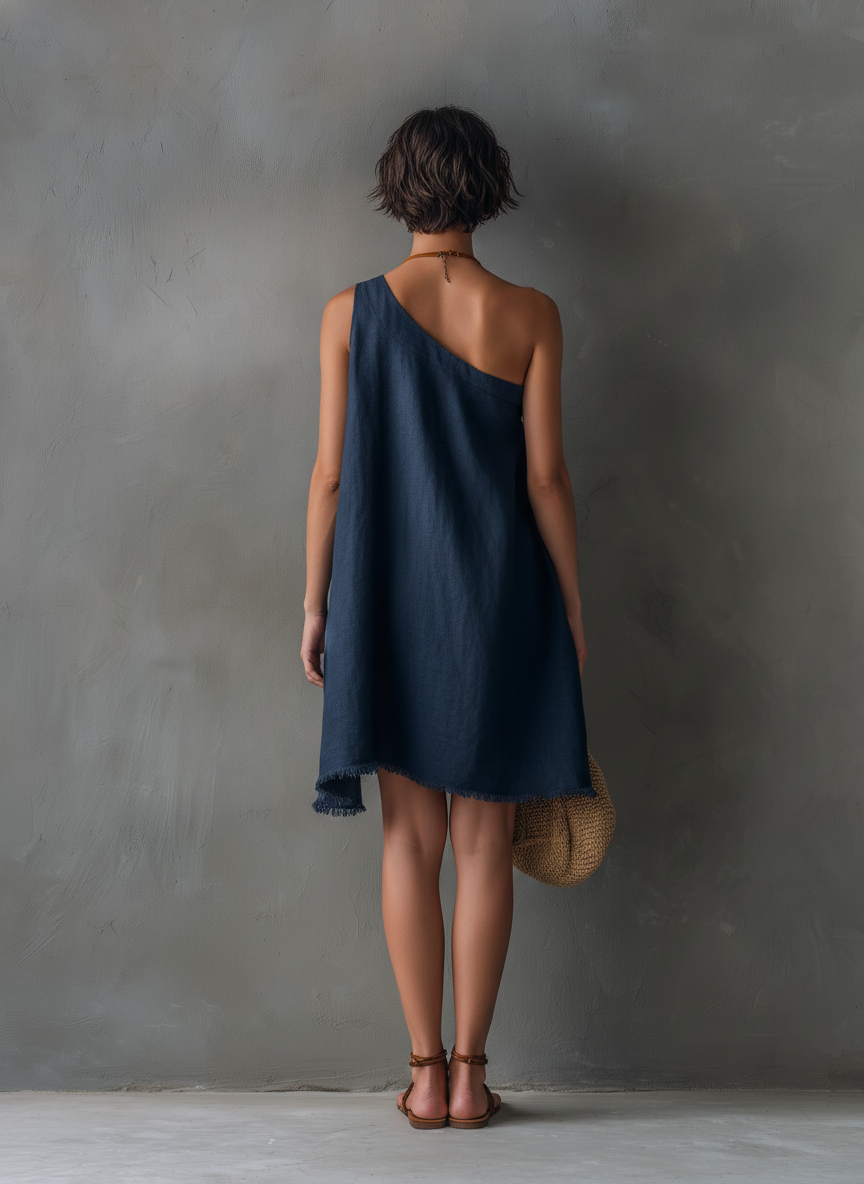 Women's Minimalist Linen-Blend One-Shoulder Sleeveless Mini Dress With Frayed Hem