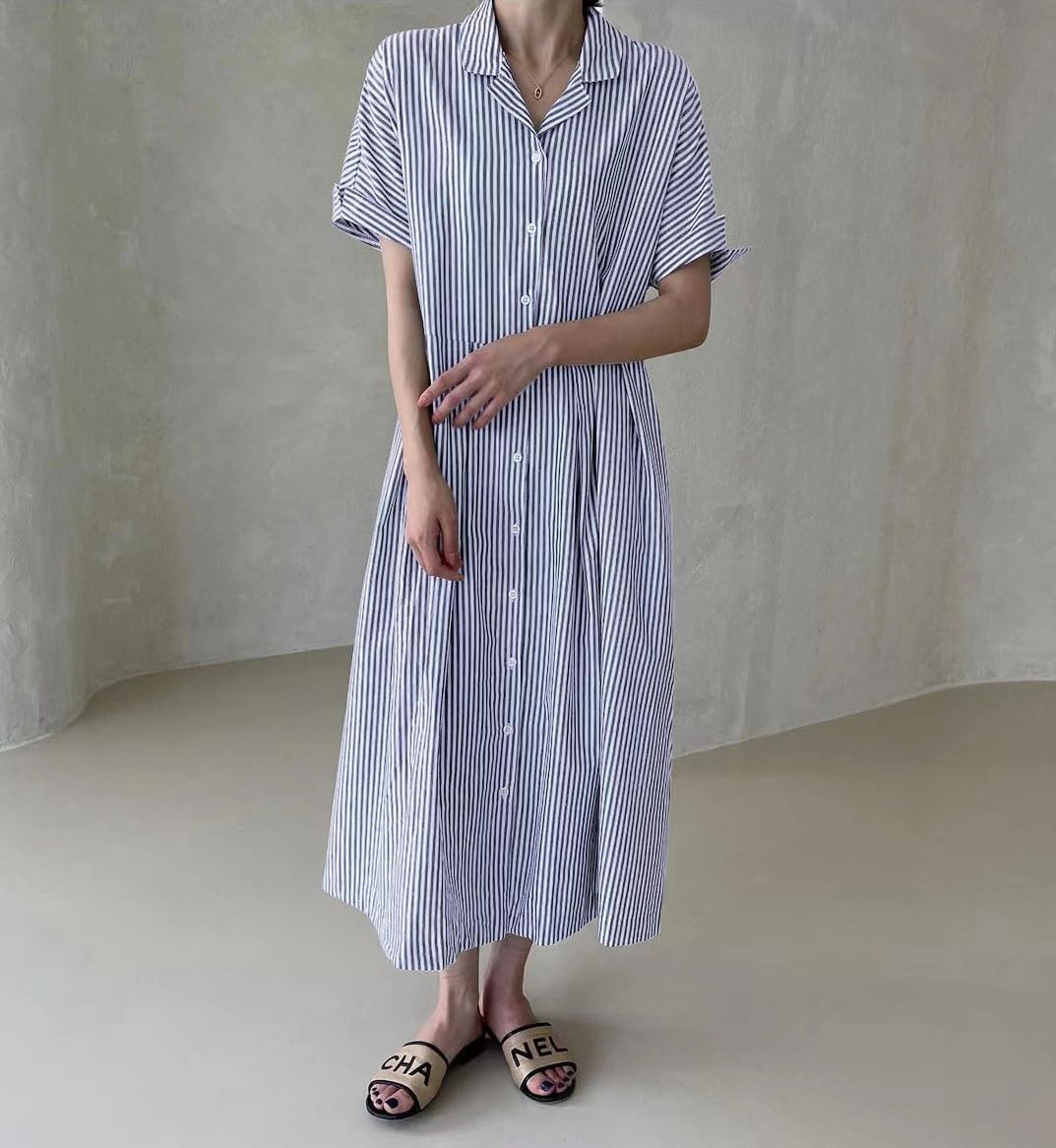 Women's Cotton Striped Shirt Dress Button Up Short Sleeve Midi Long Shift Dress with Pockets(Buy 2 free shipping)