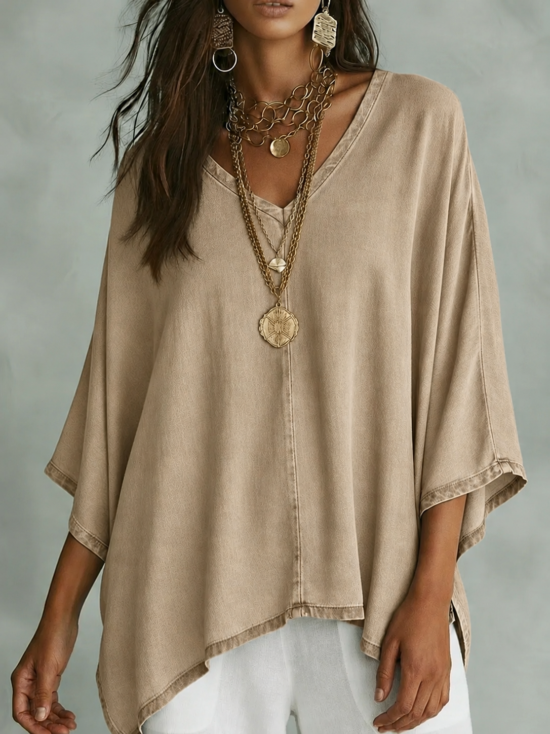 Women’s Relaxed V-Neck Chambray Blouse – Loose Fit & Plus-Size Friendly Hot sale