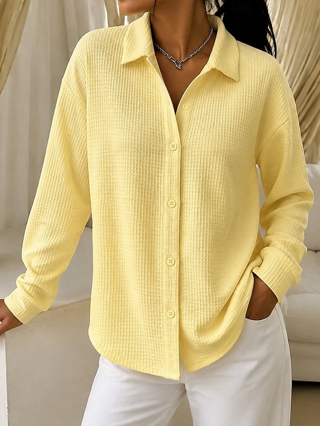 Women's Shirt Waffle Polo Shirts Texture Vintage Stylish Casual Long Sleeve Regular Tops