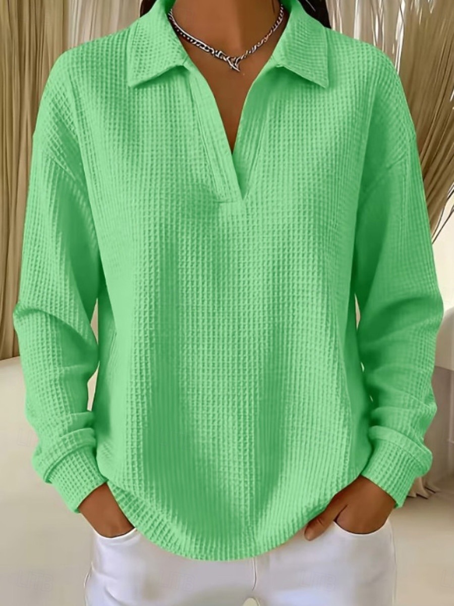 Women Oversized Polo Collar Waffle Blouse