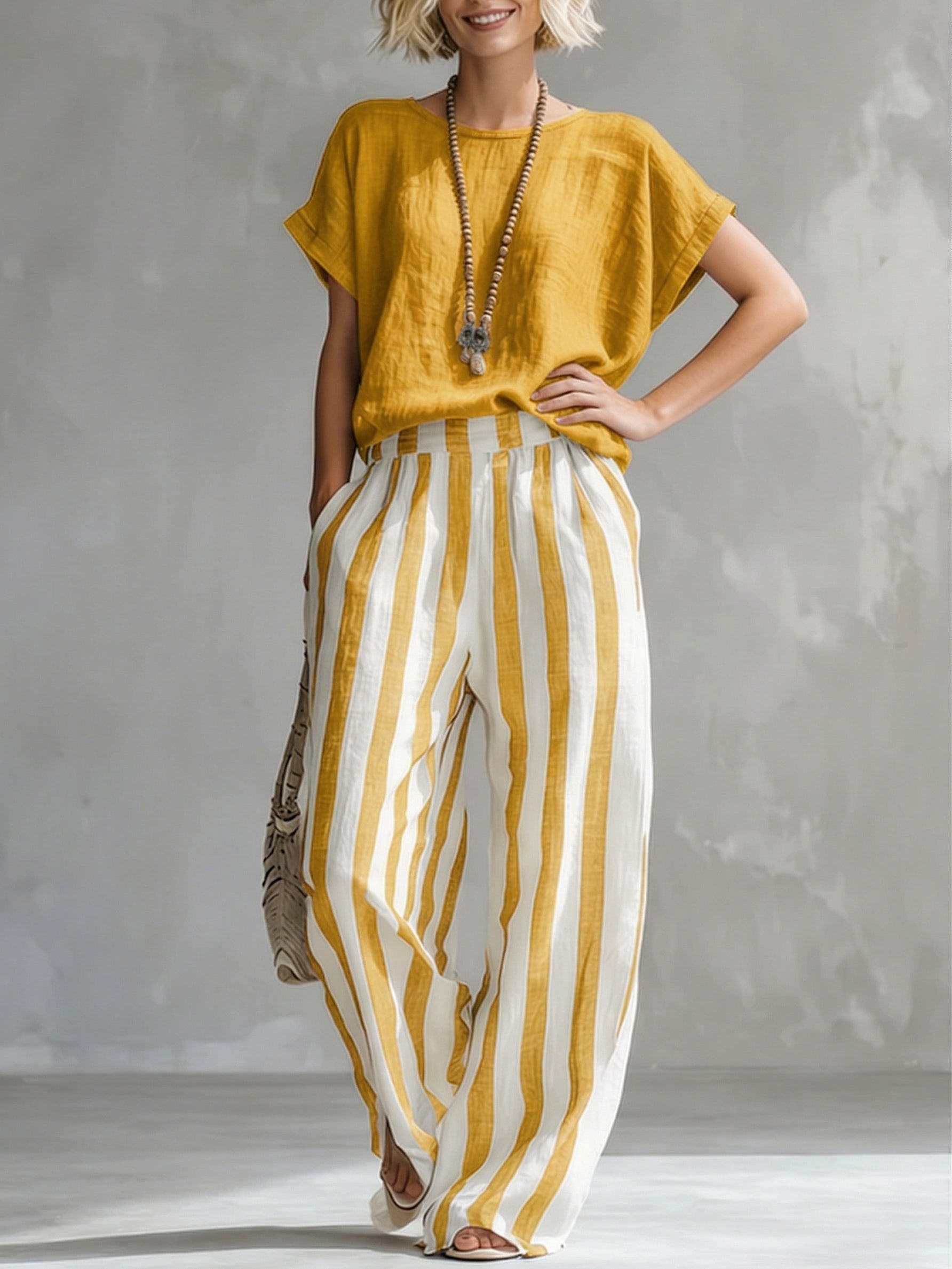 Cozy Loose-fit Striped Cotton-linen Two-piece Set