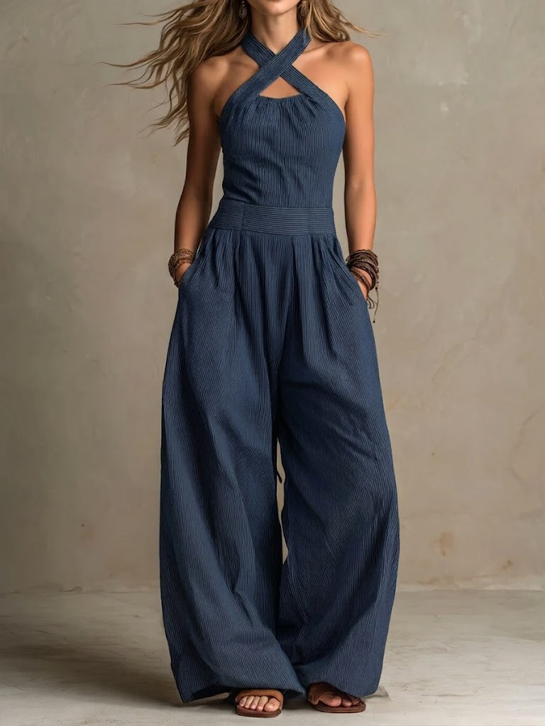 Women's Cross-neck Halter Design Cotton-linen Jumpsuit