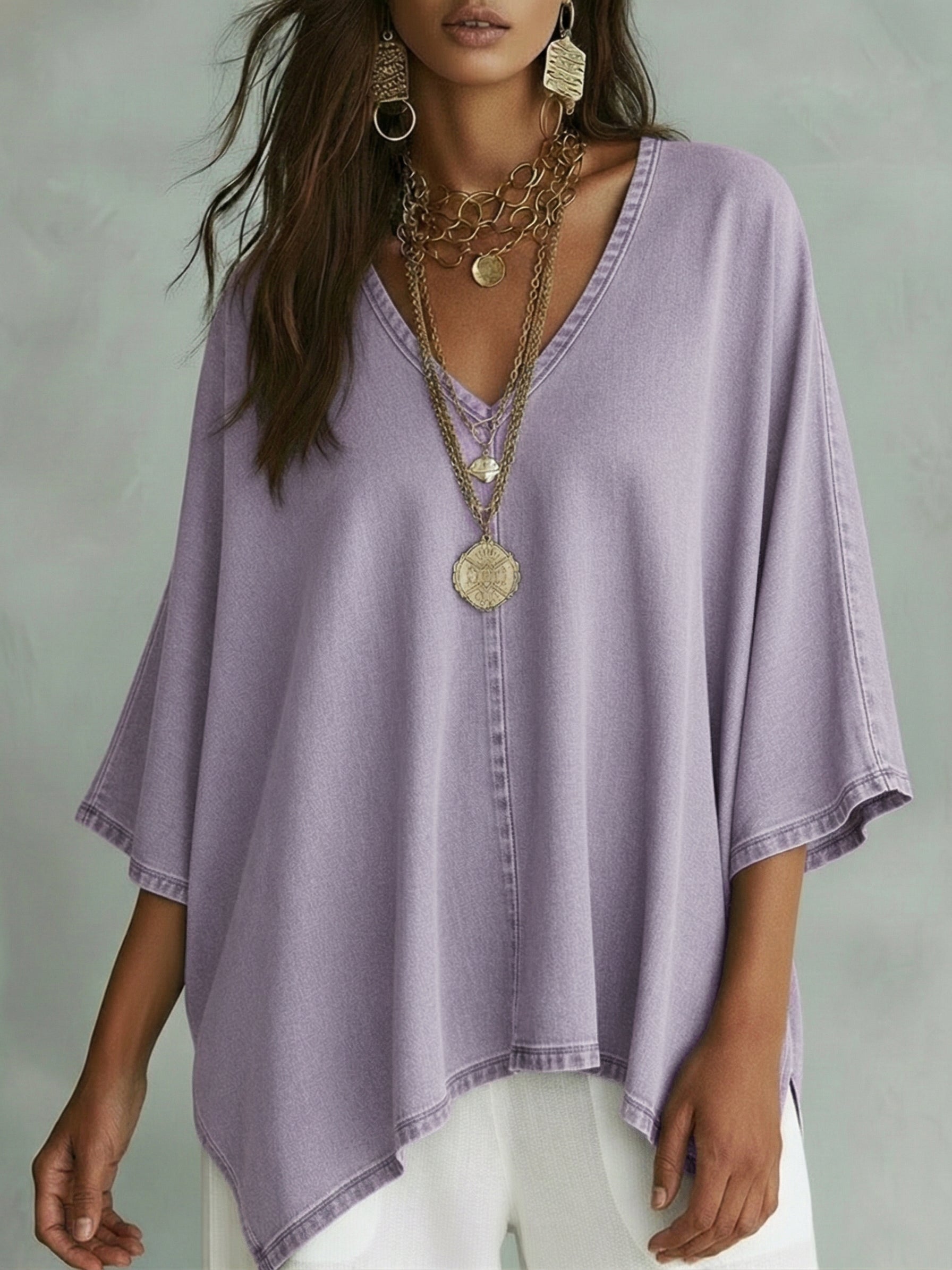 Women’s Loose Fit V-Neck Denim Shirt – Casual Relaxed Chambray Top