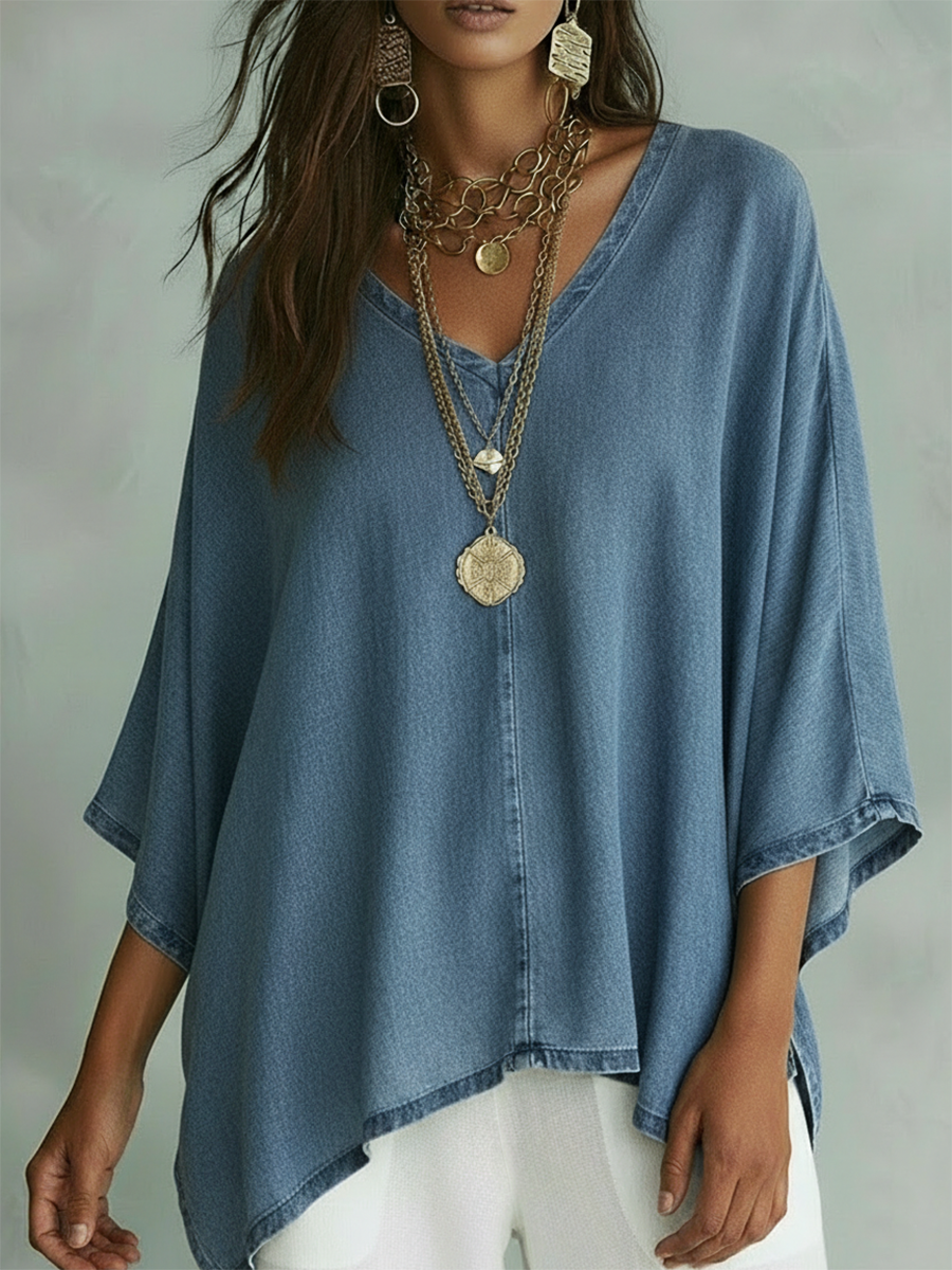 Women’s Loose Fit V-Neck Denim Shirt – Casual Relaxed Chambray Top