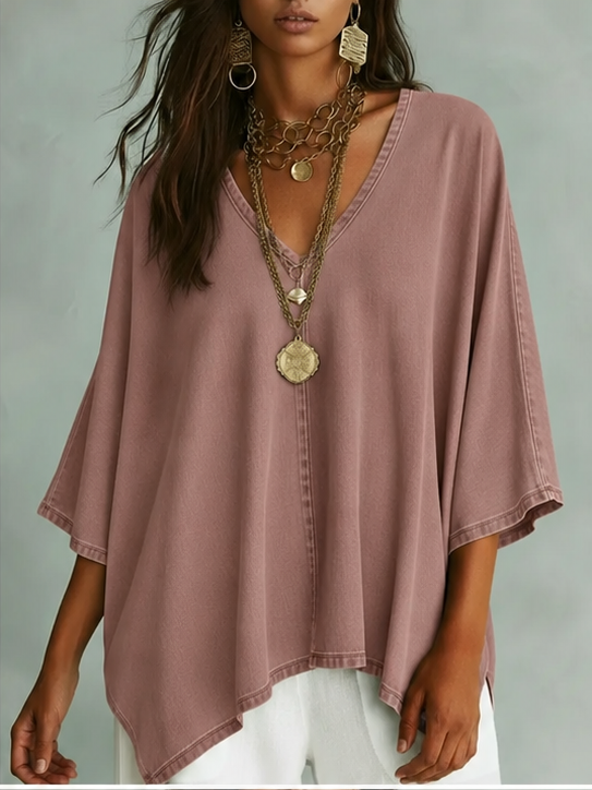 Women’s Relaxed V-Neck Chambray Blouse – Loose Fit & Plus-Size Friendly Hot sale
