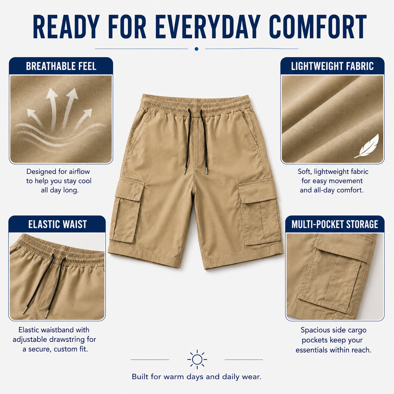 Men's 8-Pack Elastic Waist Drawstring Cargo Shorts