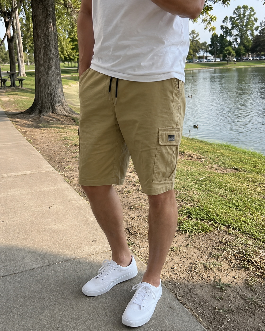 Elastic Waist Drawstring Cargo Shorts Khaki outdoor fit photo buyer-style fit reference