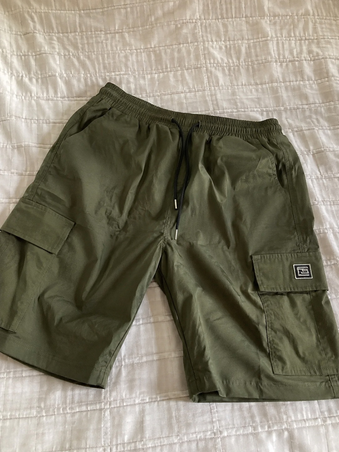 Elastic Waist Drawstring Cargo Shorts Green flat-lay reference buyer-style fit reference