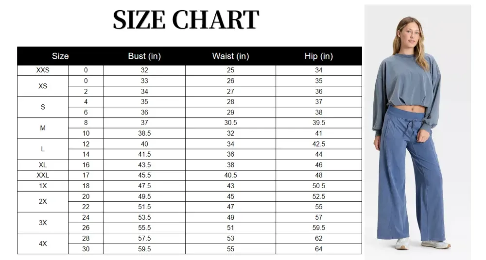 Women's top and pants set size chart in inches