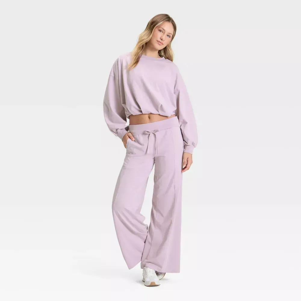 Lavender bubble-hem top and wide-leg pants, full outfit