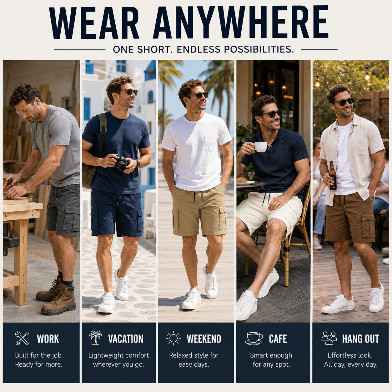 Men's 8-Pack Elastic Waist Drawstring Cargo Shorts