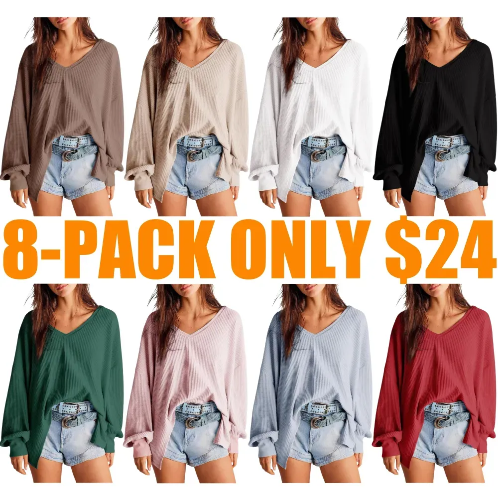 Women's V-neck waffle knit tops in eight colors